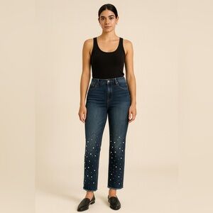 Soho Women's Stretch Denim Straight Leg Jeans with Pearl Details. Size-10